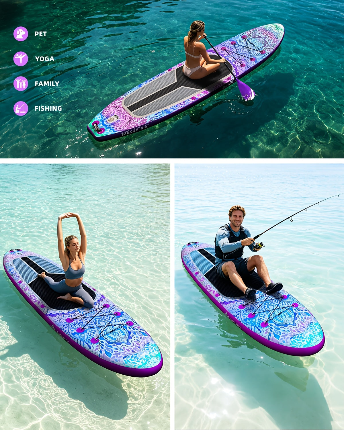 10.6ft Inflatable SUP Paddle Board All Around Yoga Board with Non-Slip Mat Waterproof Phone Bag Double Action Pump Accessories