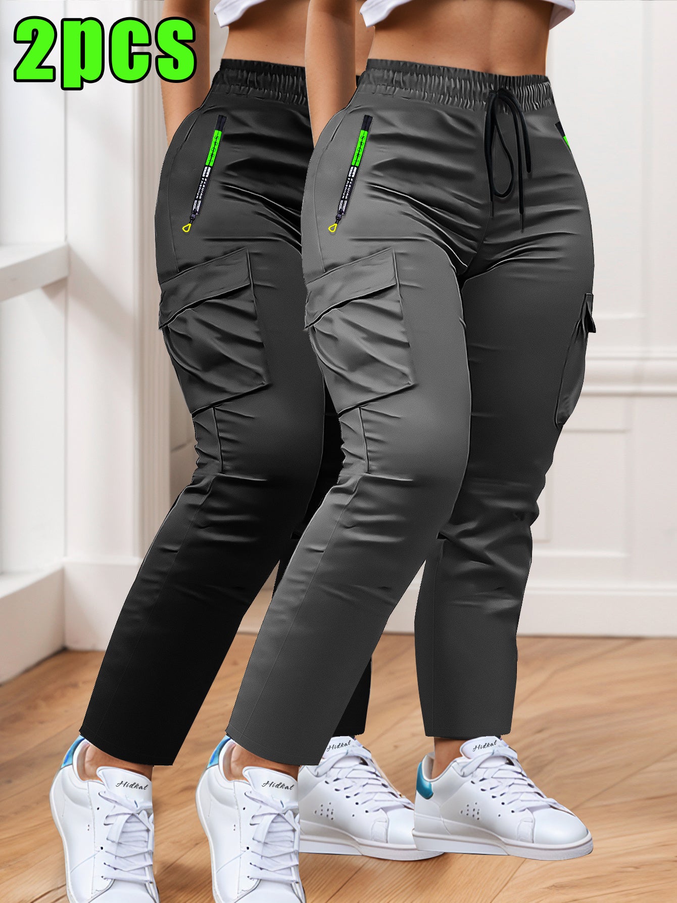 Women's Slim Cargo Pants 2-Pack Multi-Pocket Drawstring Waist Zip Pocket Straight Leg – Casual Trousers for Outdoor Sports Everyday Wear & Dates