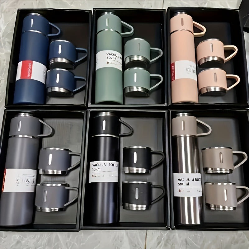 Stainless Steel Cup Set 4 Piece – 500ml Insulated Water Bottle with 3 Small Cups & 3 Lids Hot Cold Drinks Travel Tumbler Gift Set for Office School Outdoor