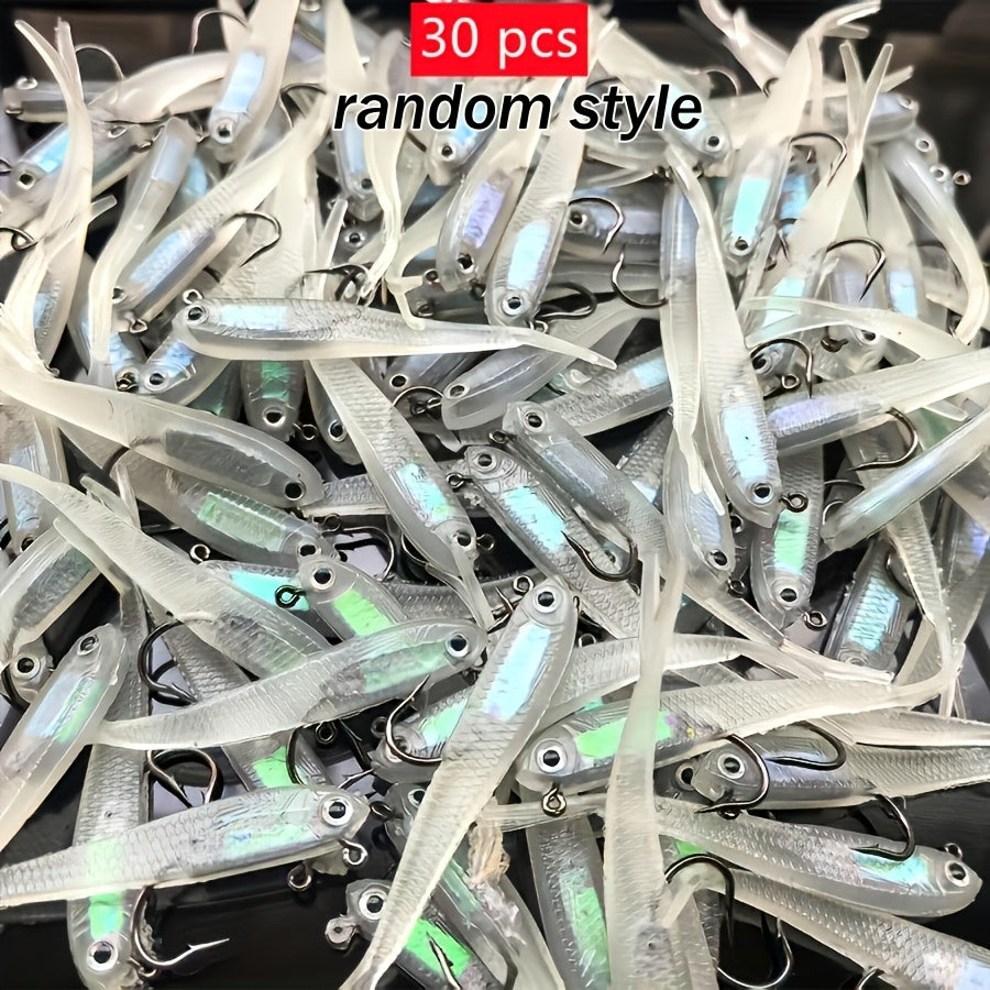 Soft Fishing Lures 30-Pack Pre-Rigged with Hooks – Mixed Bionic Swimbaits for Bass Trout Panfish Perch Crappie Freshwater Saltwater Lifelike Soft Plastic Artificial Bait Kit with Worms Grubs Paddle Tail Creature Baits