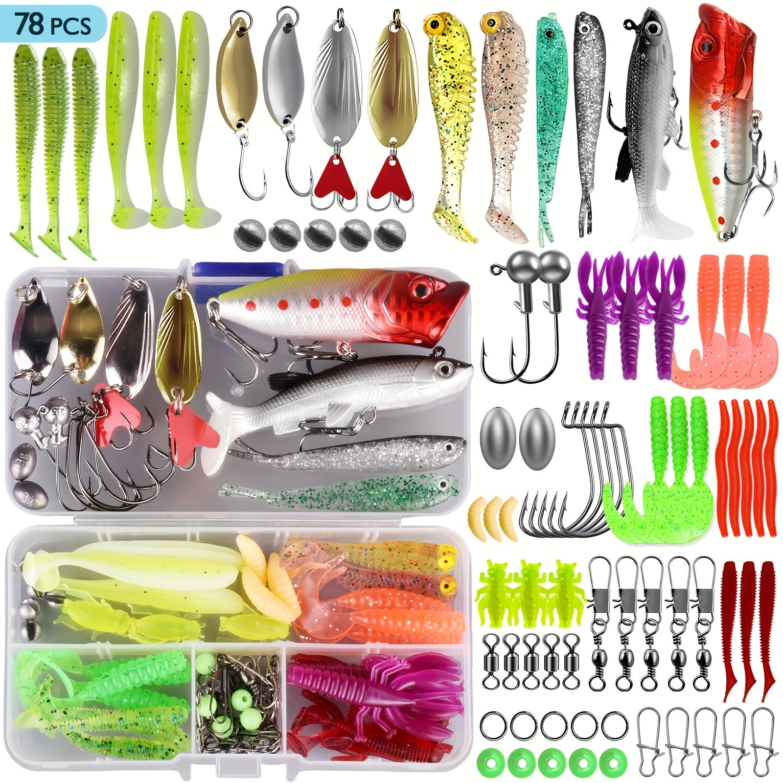 Fishing Lures Kit 78-361 Pieces – Freshwater Bass Trout Salmon Tackle Box with Spoon Lures, Soft Plastic Worms & Fishing Accessories for Beginners & Experienced Anglers