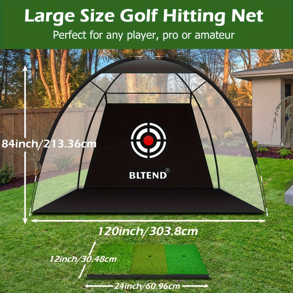 Golf Practice Net with Mat Set 10x7ft – Heavy Duty Backyard Hitting Net with 3-in-1 Turf Mat, Golf Balls & Carry Bag for Indoor & Outdoor Training