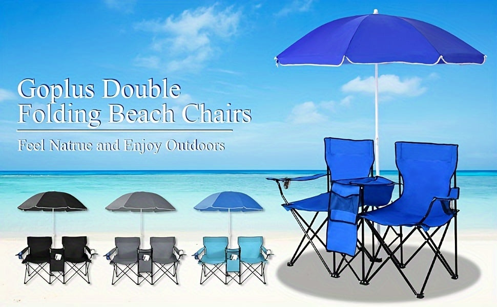2-Person Folding Beach Chair Set with Umbrella, Table & Cooler Bag – 600 lb Capacity Portable Camping & Picnic Chair Set for Outdoor, Beach & Tailgate
