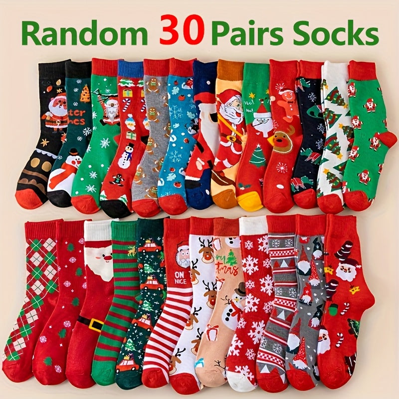 Christmas Socks 30 Pairs Bulk Set – Funny Novelty Holiday Socks with Reindeer Snowflakes Santa Claus Christmas Tree Gingerbread Patterns, Warm Unisex Gift for Men & Women