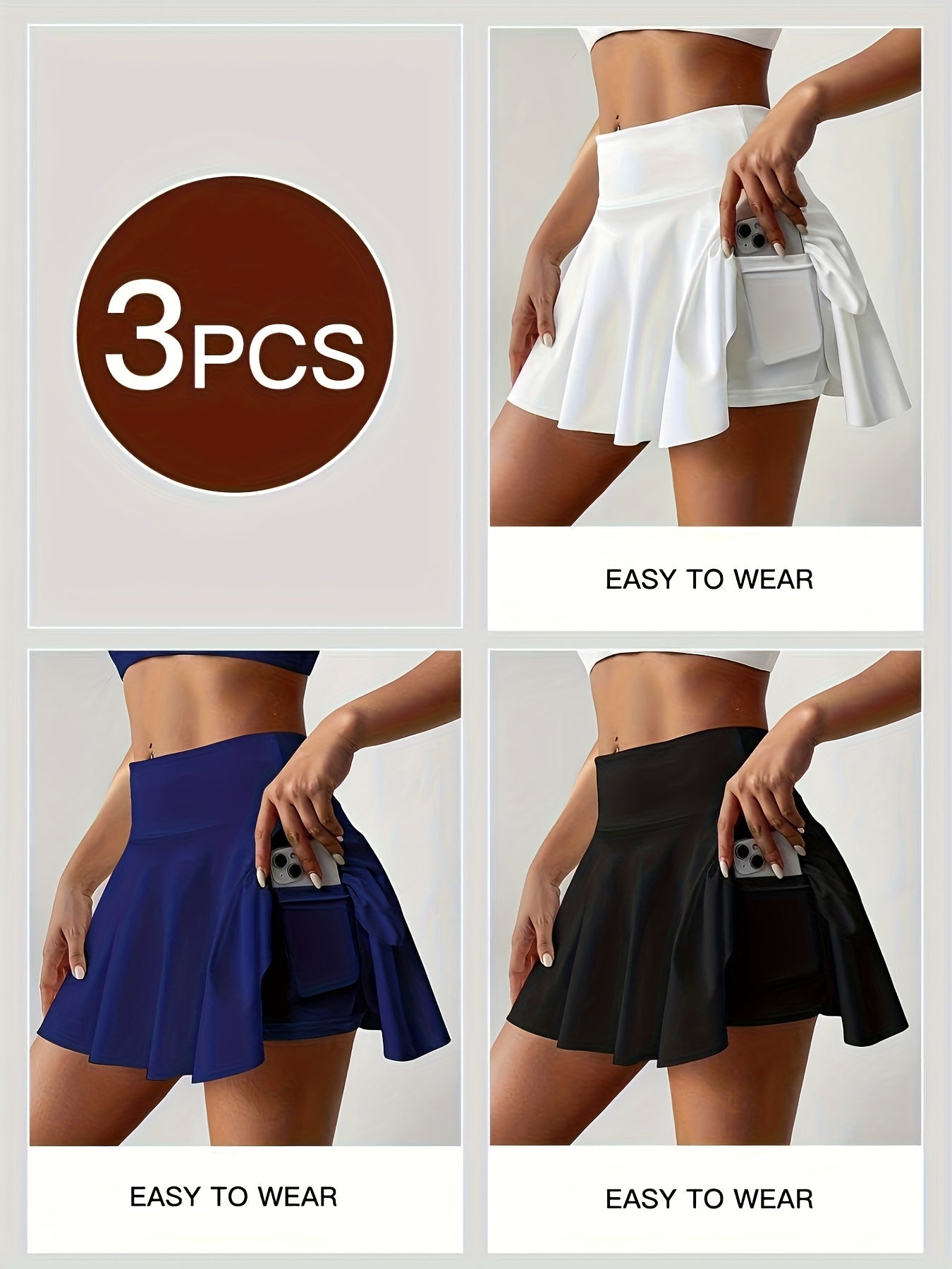 Women's Athletic Skort 3-Pack High Waisted with Built-In Shorts & Pockets – Tennis Golf Pickleball Running Skirt S-XXL Orange Navy White