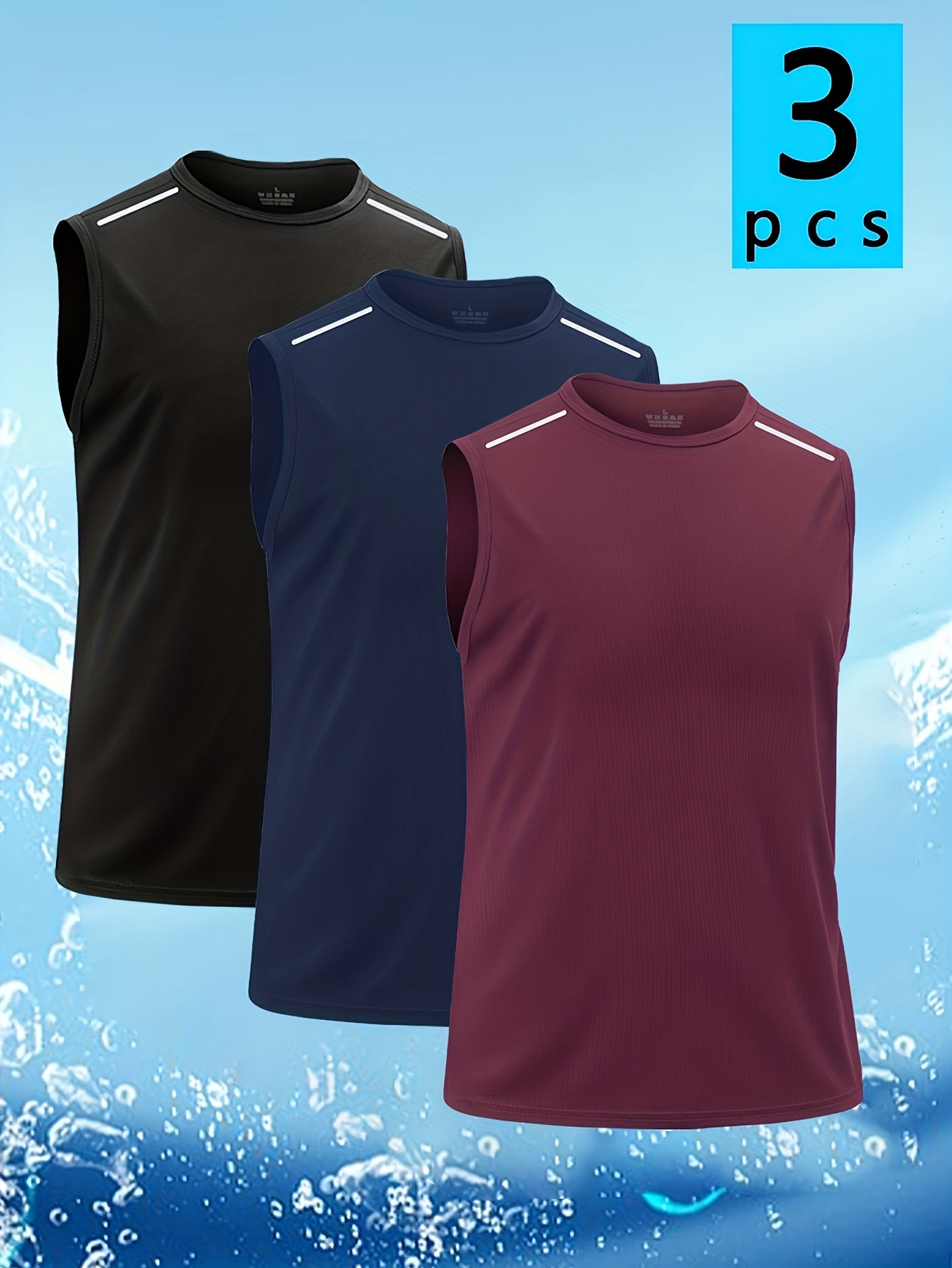 Quick-Dry Sleeveless Workout Tank Tops for Men 3-Pack – Breathable Striped Crew Neck Athletic Vests for Running Gym Cycling S-XXXL Black Grey Navy