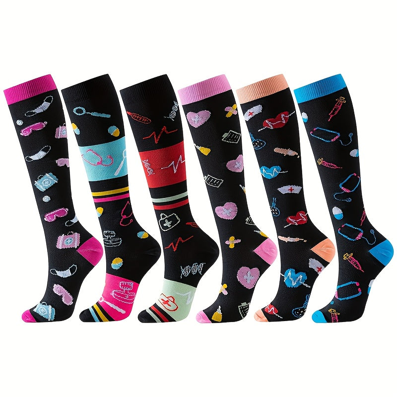 6 Pairs Knee High Socks for Women - Korean Style Compression Long Socks - Cute Aesthetic Sports Socks for School Gym Outdoor - 95% Polyester Stretch Knit Solid Color Socks Set