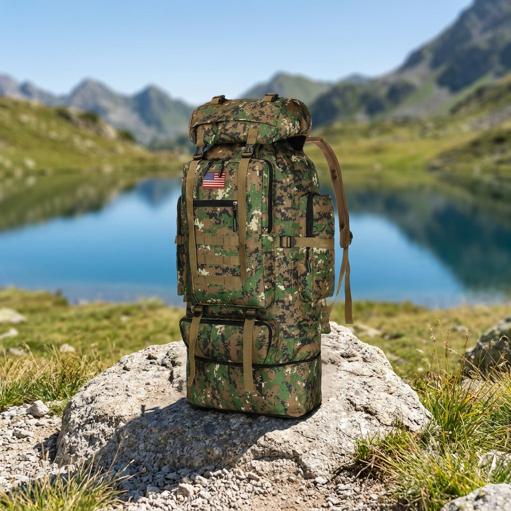 100L Tactical Camouflage Backpack – Large Capacity Hiking Rucksack with Multiple Compartments, Ergonomic Straps for Camping, Trekking, Hunting & Travel