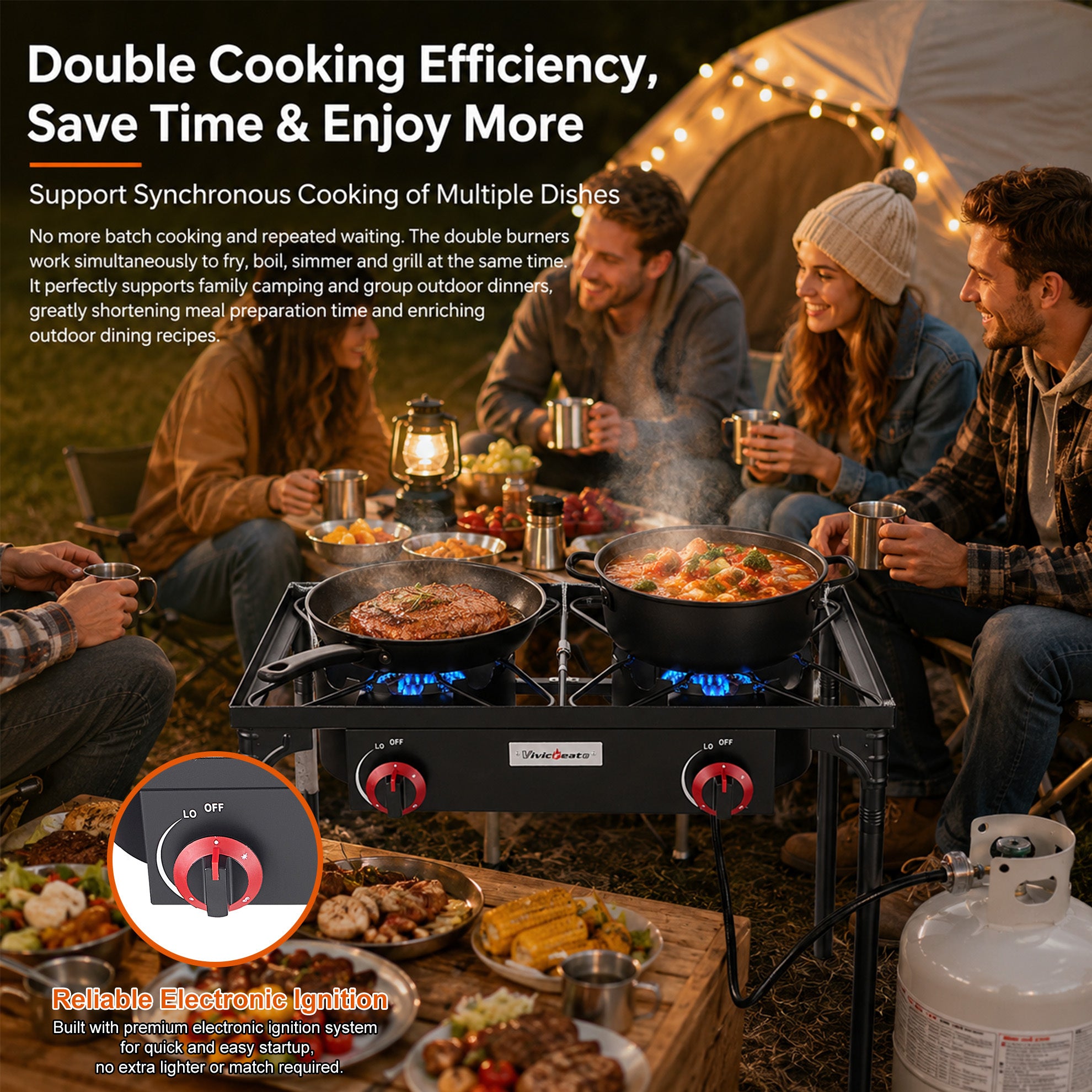 Heavy Duty Propane Camping Stove Cast Iron Burner with Detachable Legs – Single & Double Burner Outdoor Gas Cooker for Camping BBQ Patio Survival Cooking & Tailgating