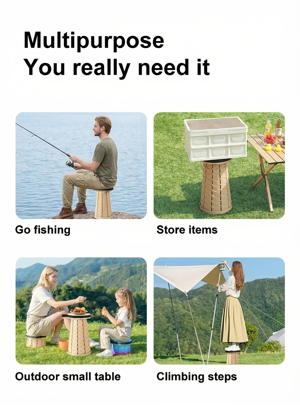 2PCS Collapsible Folding Stool 400 Lbs Capacity – Portable Telescoping Stair Chair, Lightweight Retractable Seat for Camping, Fishing, Hiking, Kitchen & Outdoors