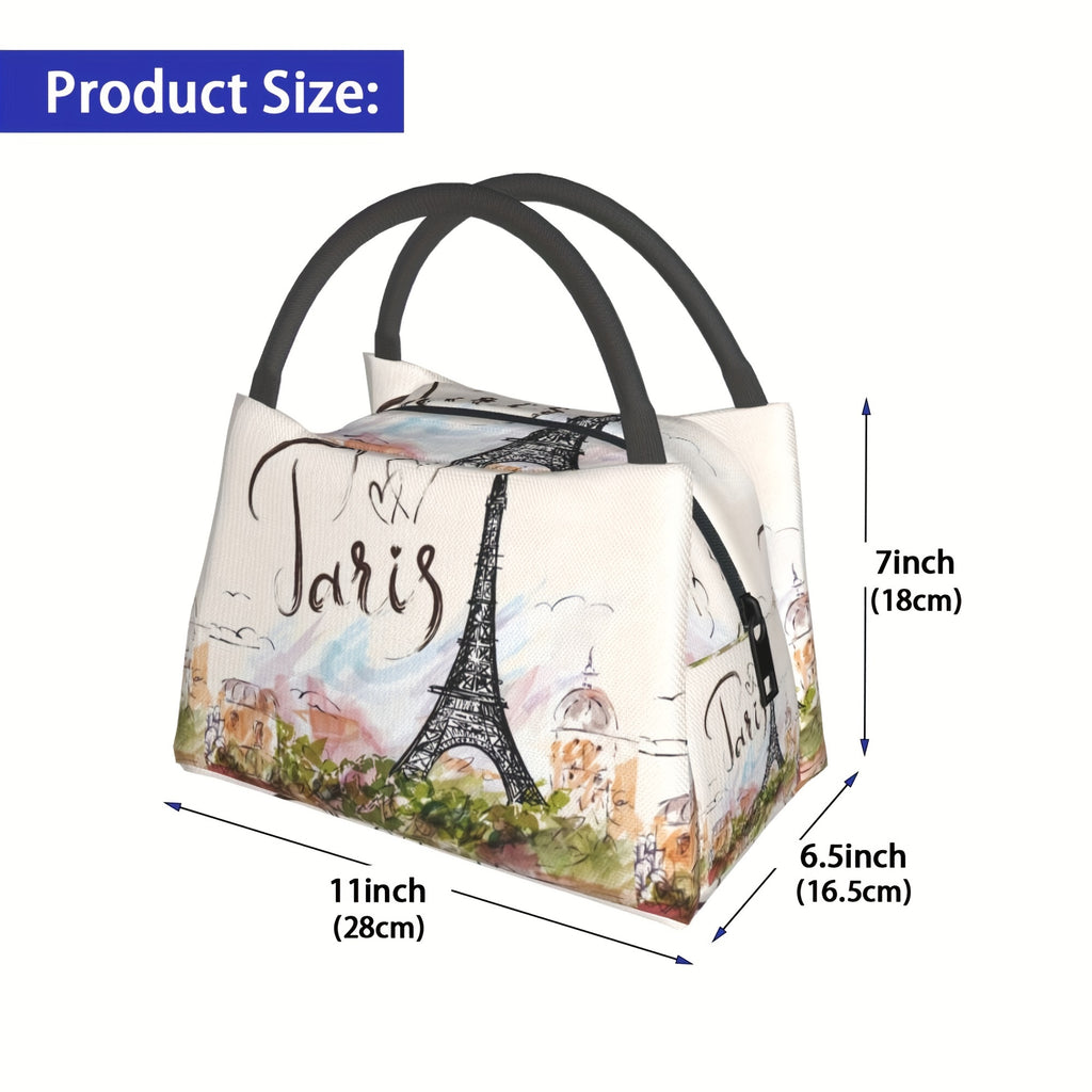 Eiffel Tower Insulated Lunch Bag Cooler Reusable Polyester Thermal Tote – 11x6.5x7 In for School Kids Teens Camping Picnic Beach Office Back to School Paris Gift
