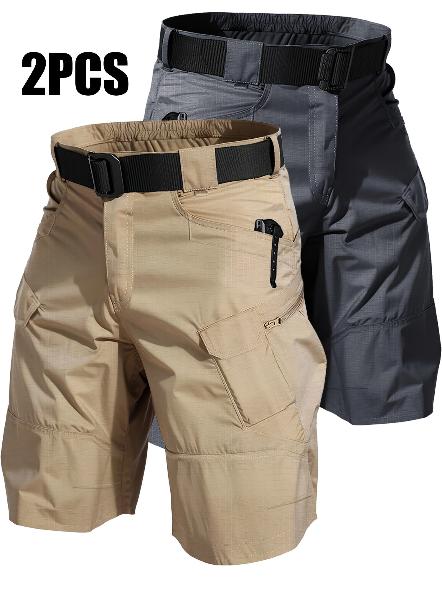 Cargo Shorts for Men 2 Pack – Multi-Pocket 100% Polyester Regular Fit Outdoor Hiking Work Casual Shorts S-XXXL (Black, Gray, Khaki, Army Green)
