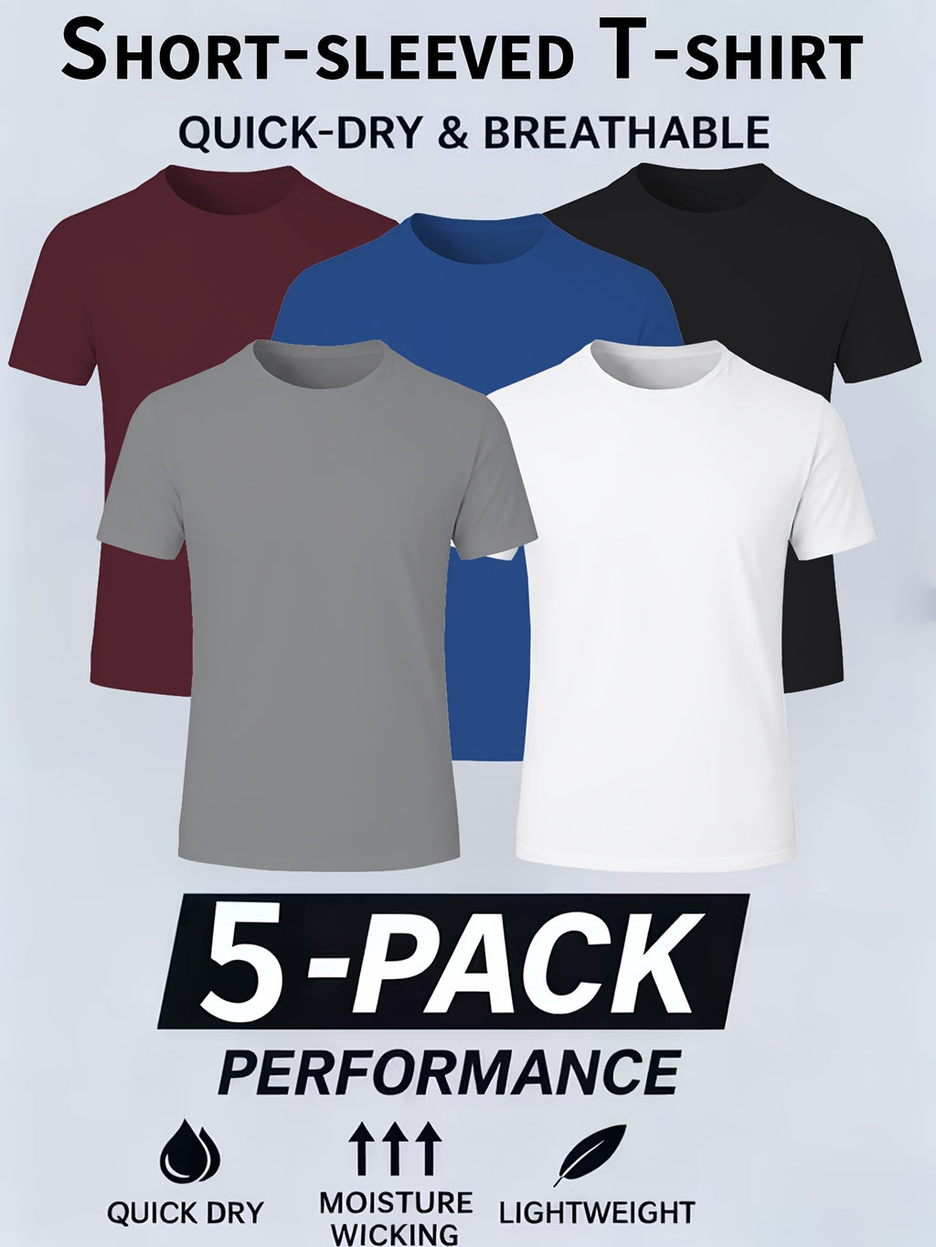 5 Pack Men's Quick Dry T-Shirts Moisture Wicking Athletic Crew Neck Short Sleeve Workout Shirts for Gym Running Sports Casual Wear S-XXXL