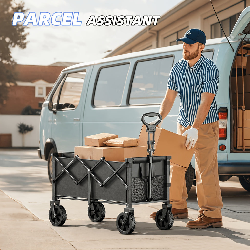 Collapsible Folding Wagon Cart Heavy Duty 450-650LBS – All Terrain Foldable Utility Wagon for Camping Beach Gardening Grocery Shopping Fishing, Large Capacity, Black