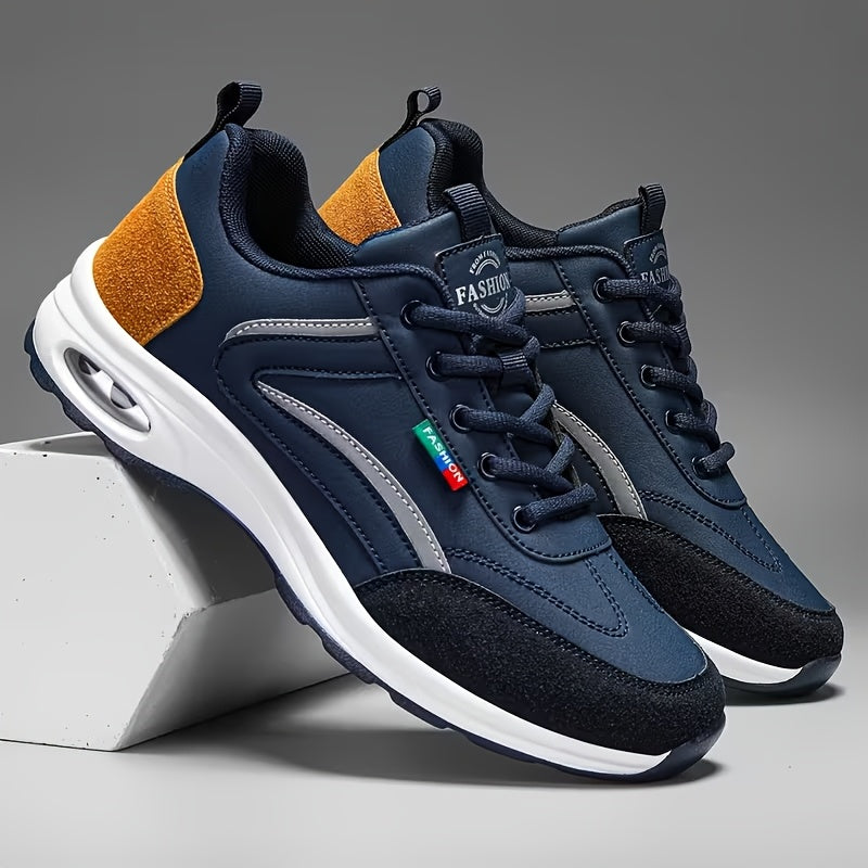 Men's Fashion Sneakers Lace-Up Non-Slip Soft Sole Casual Running Shoes PU Leather Comfortable Outdoor Athletic Footwear