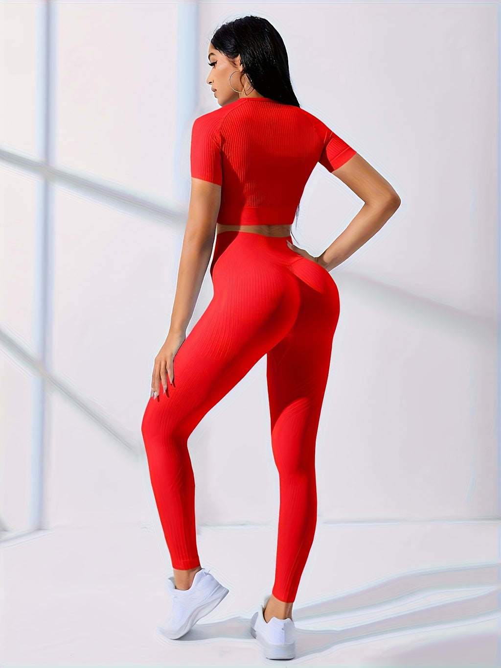 2PCS Women's Workout Set – Yoga Crop Top & Leggings, Crew Neck, Medium Stretch, Solid Color All-Season Activewear, XS-XL