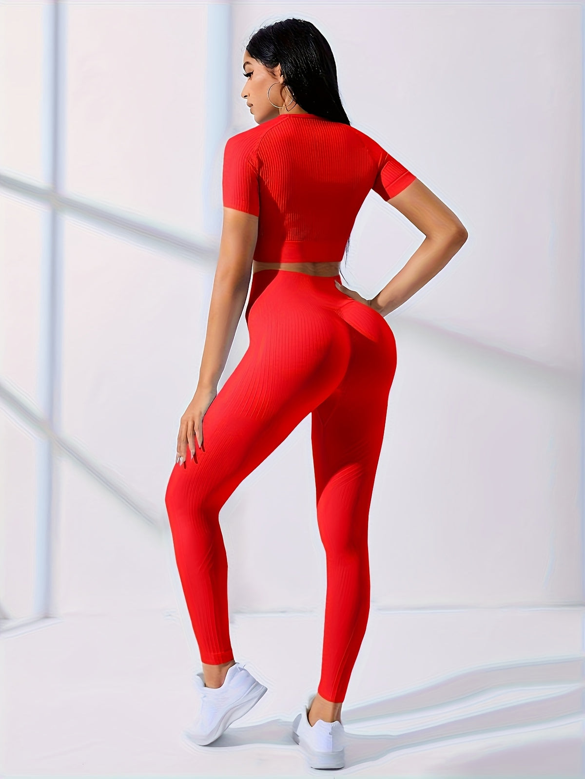 2PCS Women's Workout Set – Yoga Crop Top & Leggings, Crew Neck, Medium Stretch, Solid Color All-Season Activewear, XS-XL