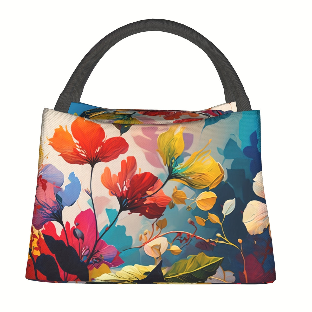 Insulated Lunch Bag for Women Vibrant Floral Reusable Cooler Tote with Black Handles 11x6.5x7 In - Leakproof Lunch Box for School Office Camping Picnic Beach - Lightweight Polyester Lunch Bag