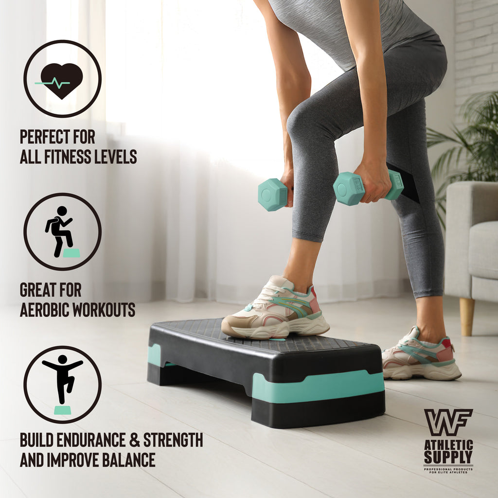 Aerobic Step Platform with Dumbbells Measuring Tape Adjustable Height 2 Level Risers Non-Slip Exercise Stepper Home Gym Workout 550LB Capacity Pink Green Blue
