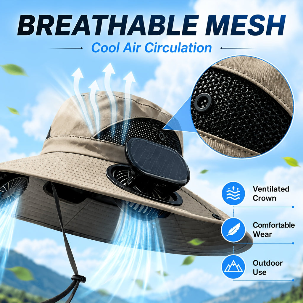 Solar Fan Hat Wide Brim Dual Cooling Fans Men Women Adjustable Airflow UV Protection Hiking Camping Gardening Travel Yard Work Grey Khaki Black Camo