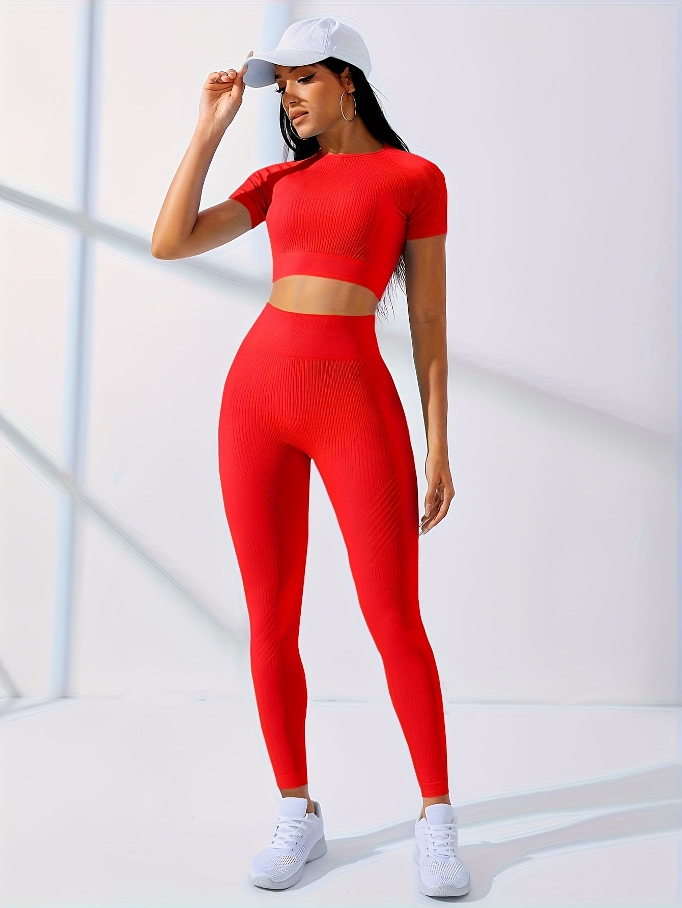 2PCS Women's Workout Set – Yoga Crop Top & Leggings, Crew Neck, Medium Stretch, Solid Color All-Season Activewear, XS-XL