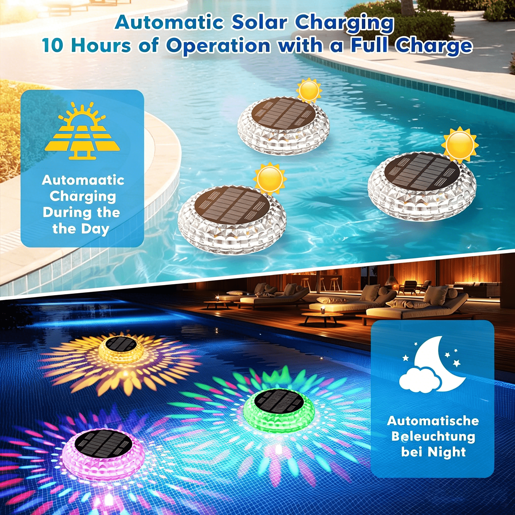 Solar Floating Pool Lights 2 Pack IP67 Waterproof, 7 Color Changing LED Underwater Light 2 Modes for Inground Above Ground Pool Hot Tub, Solar Powered Pool Decoration Night Light