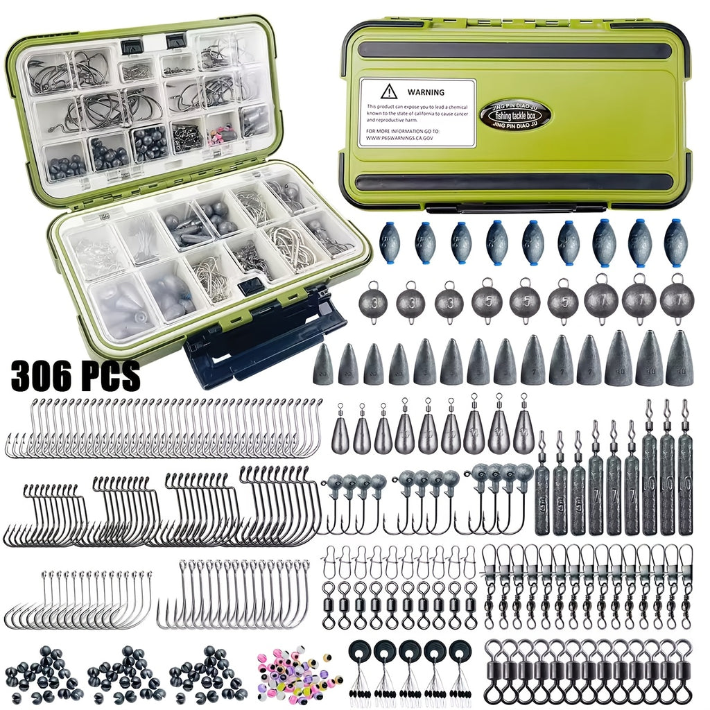 Fishing Tackle Kit 306 & 84 Pcs – Hooks Sinkers Bobbers Jig Heads Beads Swivels Snaps with Tackle Box for Freshwater & Saltwater Fishing