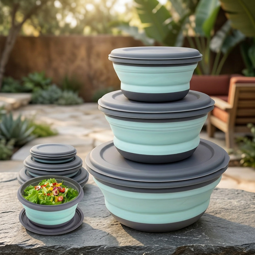 Foldable Camping Bowls with Lids 3-Pack – Collapsible Silicone Food Containers, Rust-Proof PP, Folding Utensils & Storage Bag Included | Stackable Camp Kitchen Bowls | Blue & Pink