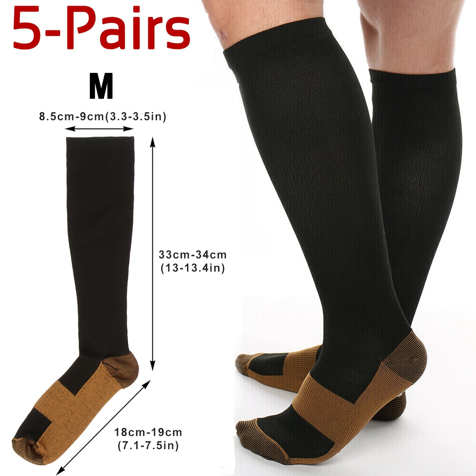 Compression Sport Socks 5 Pairs Unisex Nylon Elastic Enhanced Endurance for Running Cycling Hiking Training All-Day Athletics M-XXL