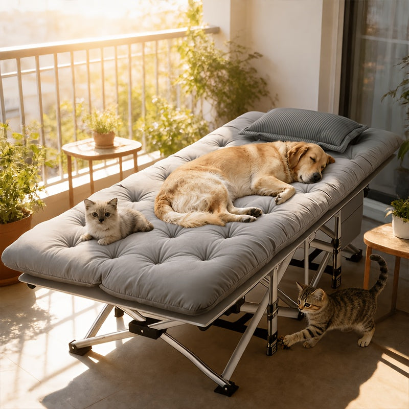 Portable Folding Camping Bed with Side Pockets - 60/75 Inch Heavy-Duty Cot 666/866 lb Capacity - Easy-Store Guest Bed for Camping Patio Office Guest Room - Folding Cot with Optional Mattress