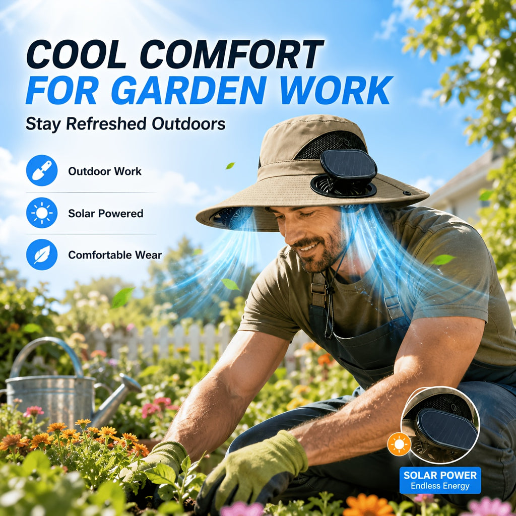 Solar Fan Hat Wide Brim Dual Cooling Fans Men Women Adjustable Airflow UV Protection Hiking Camping Gardening Travel Yard Work Grey Khaki Black Camo