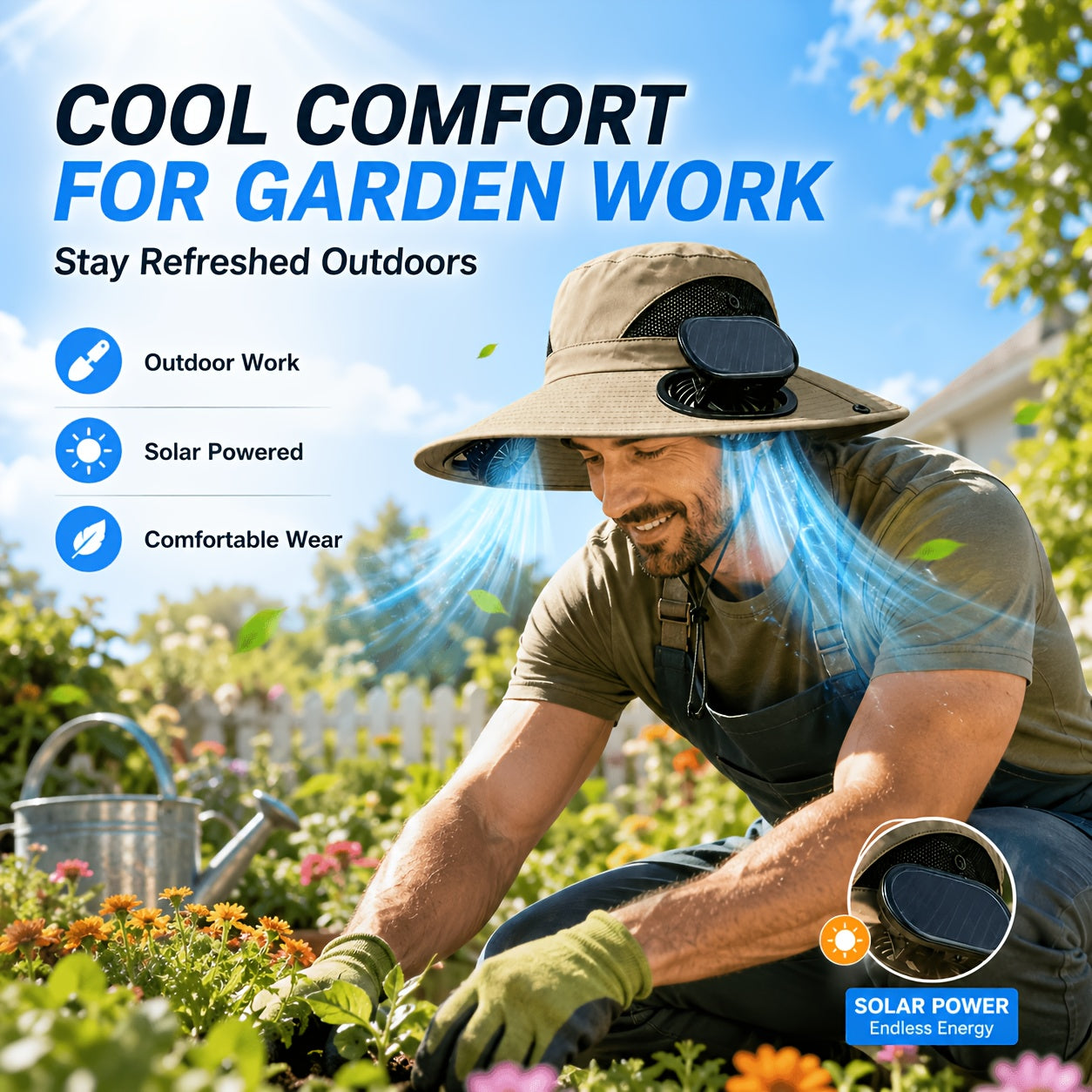 Solar Fan Hat Wide Brim Dual Cooling Fans Men Women Adjustable Airflow UV Protection Hiking Camping Gardening Travel Yard Work Grey Khaki Black Camo