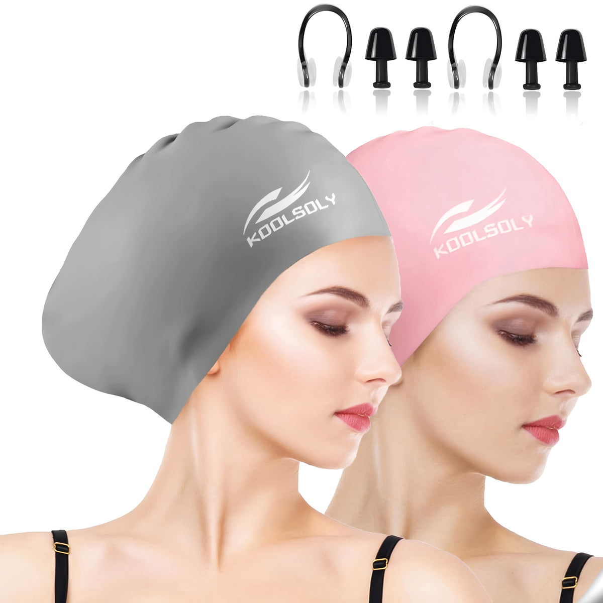 Silicone Swimming Cap 2-Pack with Ear Protection for Long Hair – Includes Earplugs & Nose Clip – Waterproof Swim Cap Set for Women Men Adults Pool Beach Lap Swimming Multiple Color Combos