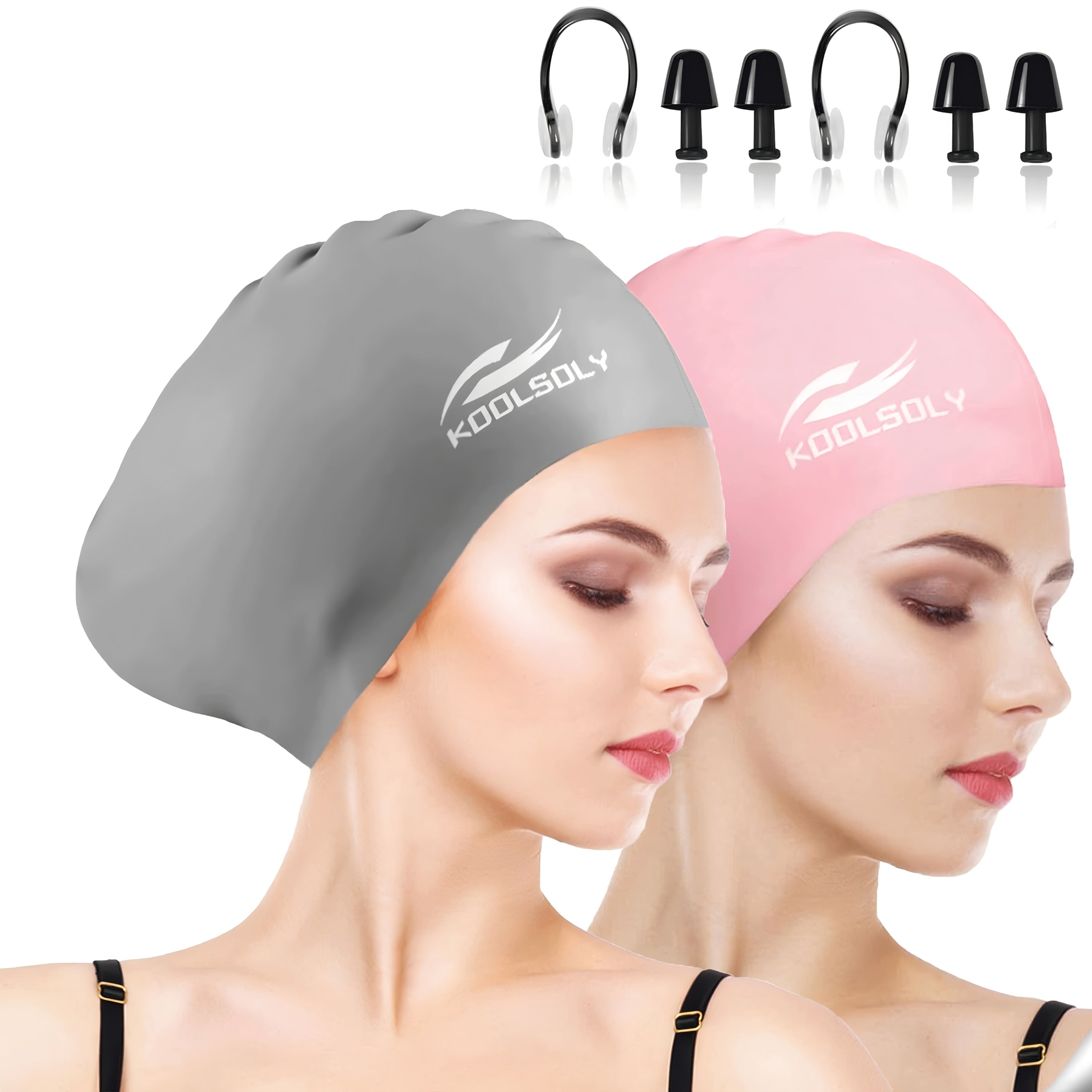 Silicone Swimming Cap 2-Pack with Ear Protection for Long Hair – Includes Earplugs & Nose Clip – Waterproof Swim Cap Set for Women Men Adults Pool Beach Lap Swimming Multiple Color Combos