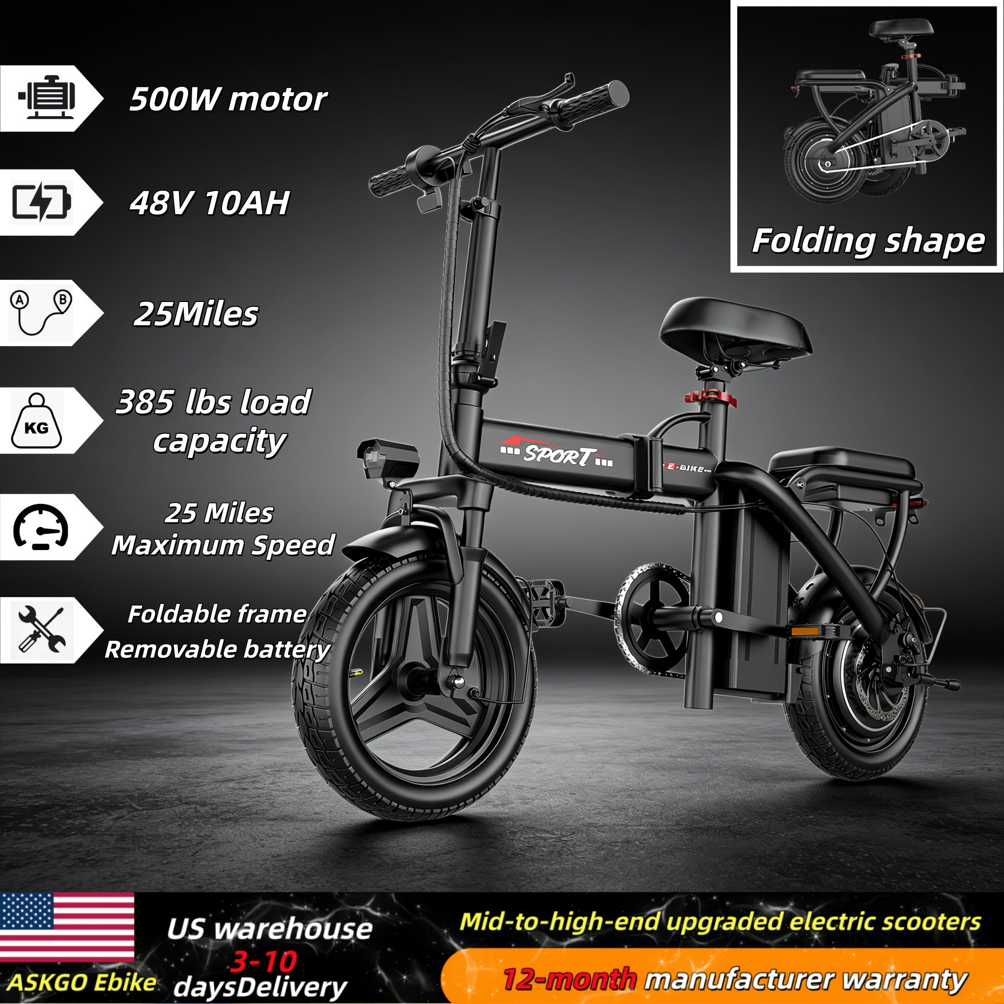500W Folding Electric Bike for Adults 20MPH 25-Mile Range – Lightweight Commuter E-Bike with 48V 10AH Removable Battery, Disc Brakes, 385 LB Capacity, Multi-Shock Absorption