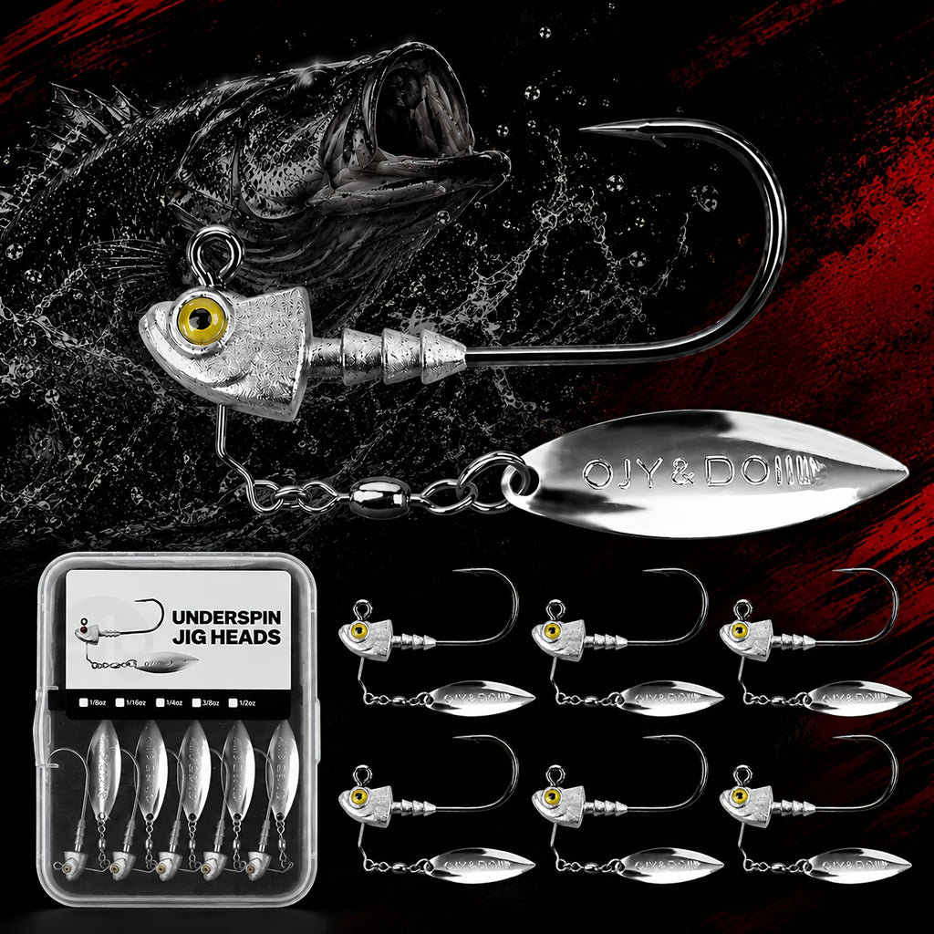 Underspin Jig Heads 6-Pack 100% Brass Blade Never Rust Bass Walleye Saltwater Fishing Lure 3/16oz 1/4oz 3/8oz 1/2oz Silver Swimbait Jig Head Set