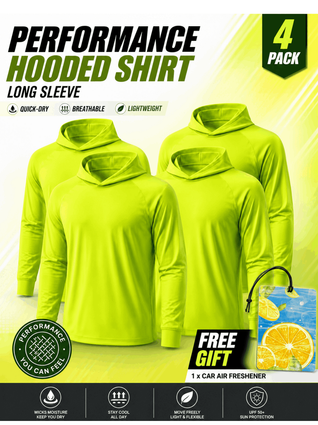 Hi Vis Hooded Work Shirts Men's 4-Pack Long Sleeve UPF 50+ Moisture Wicking Quick Dry - High Visibility Safety Shirts for Construction Fishing Hiking Outdoor S-XXXL