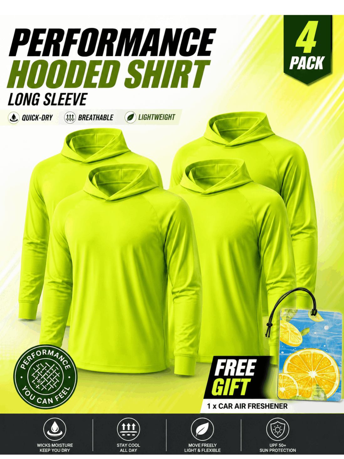 Hi Vis Hooded Work Shirts Men's 4-Pack Long Sleeve UPF 50+ Moisture Wicking Quick Dry - High Visibility Safety Shirts for Construction Fishing Hiking Outdoor S-XXXL