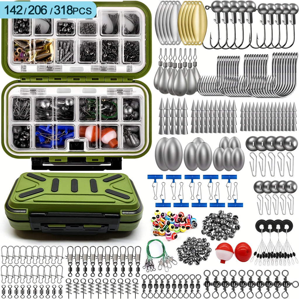 Fishing Tackle Kit 142 206 318 Pcs Hooks Weights Swivels Jigs Freshwater Saltwater Bass Trout Fishing Accessories Set