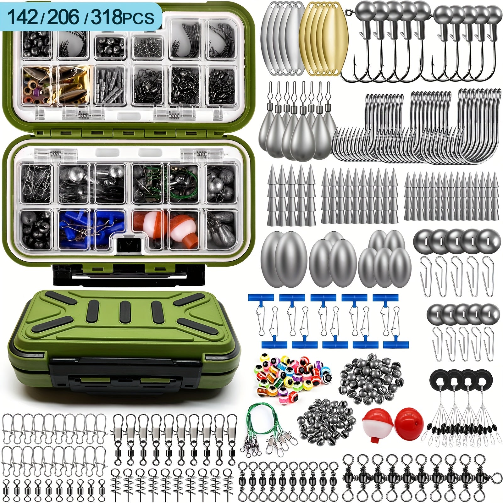 Fishing Tackle Kit 142 206 318 Pcs Hooks Weights Swivels Jigs Freshwater Saltwater Bass Trout Fishing Accessories Set