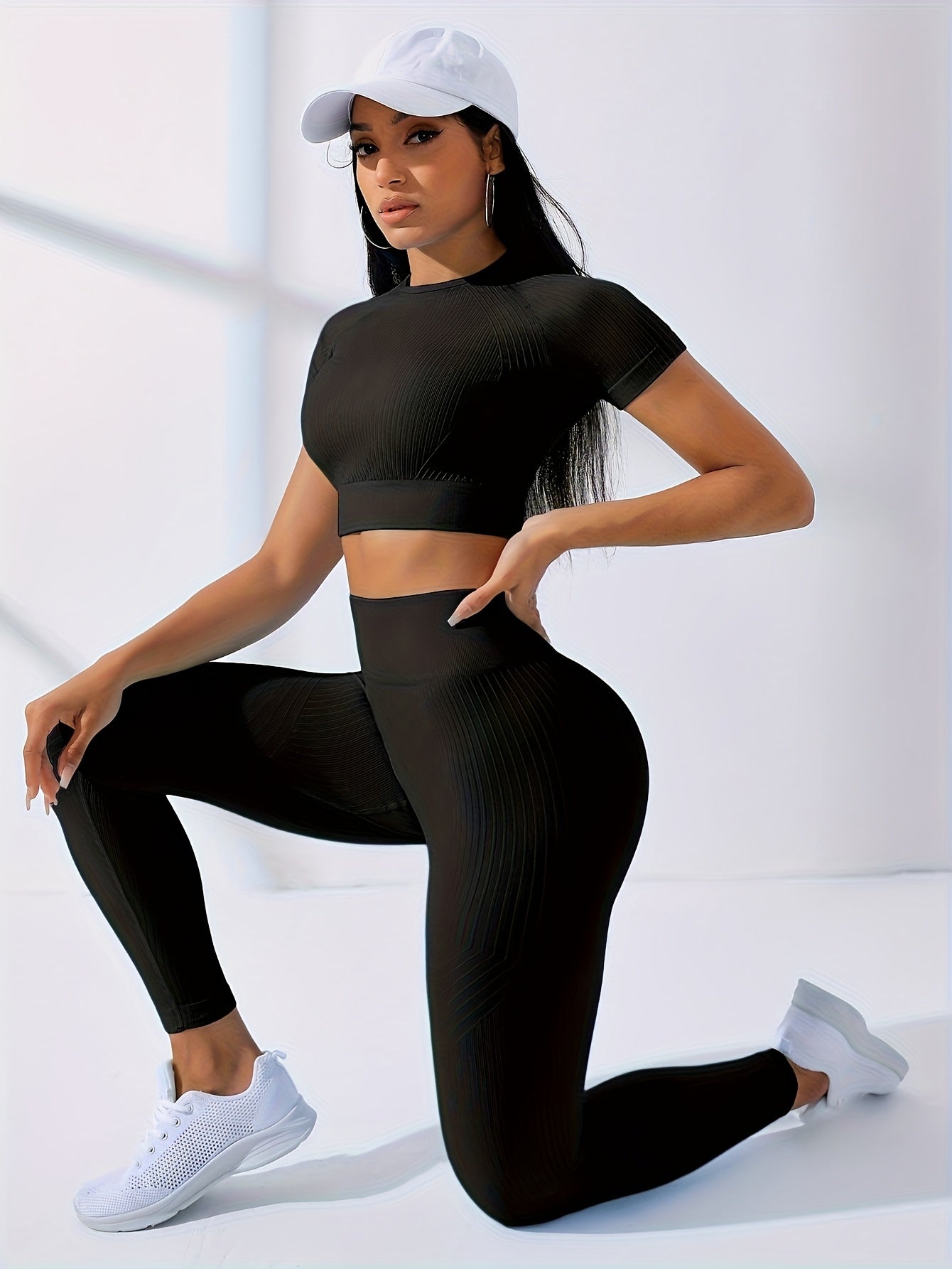 2PCS Women's Workout Set – Yoga Crop Top & Leggings, Crew Neck, Medium Stretch, Solid Color All-Season Activewear, XS-XL
