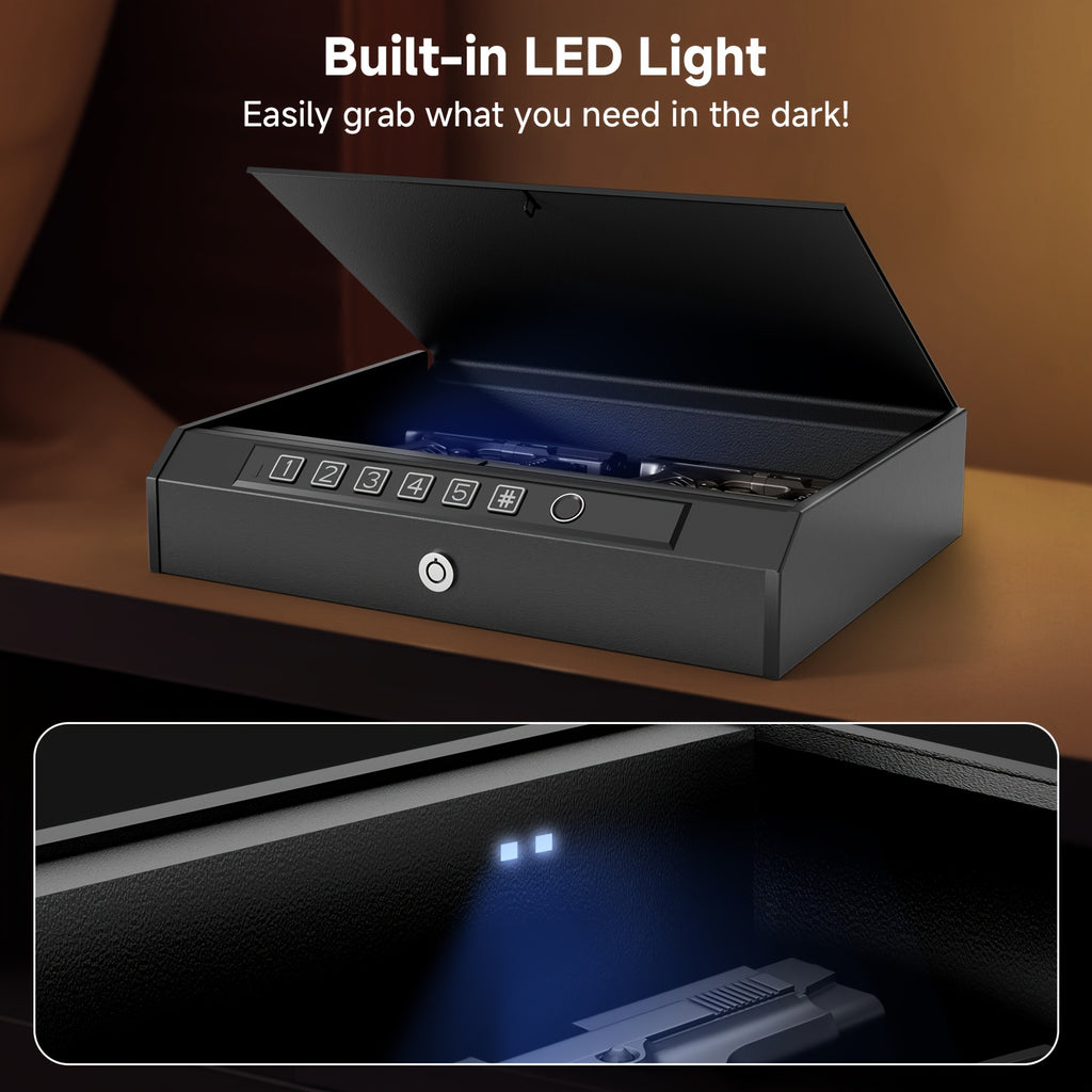 Biometric Gun Safe 3-Way Unlock – Fingerprint Digital PIN & Key Pistol Lock Box with Internal Light Silent Mode Emergency Power for Home Bedroom Nightstand Car
