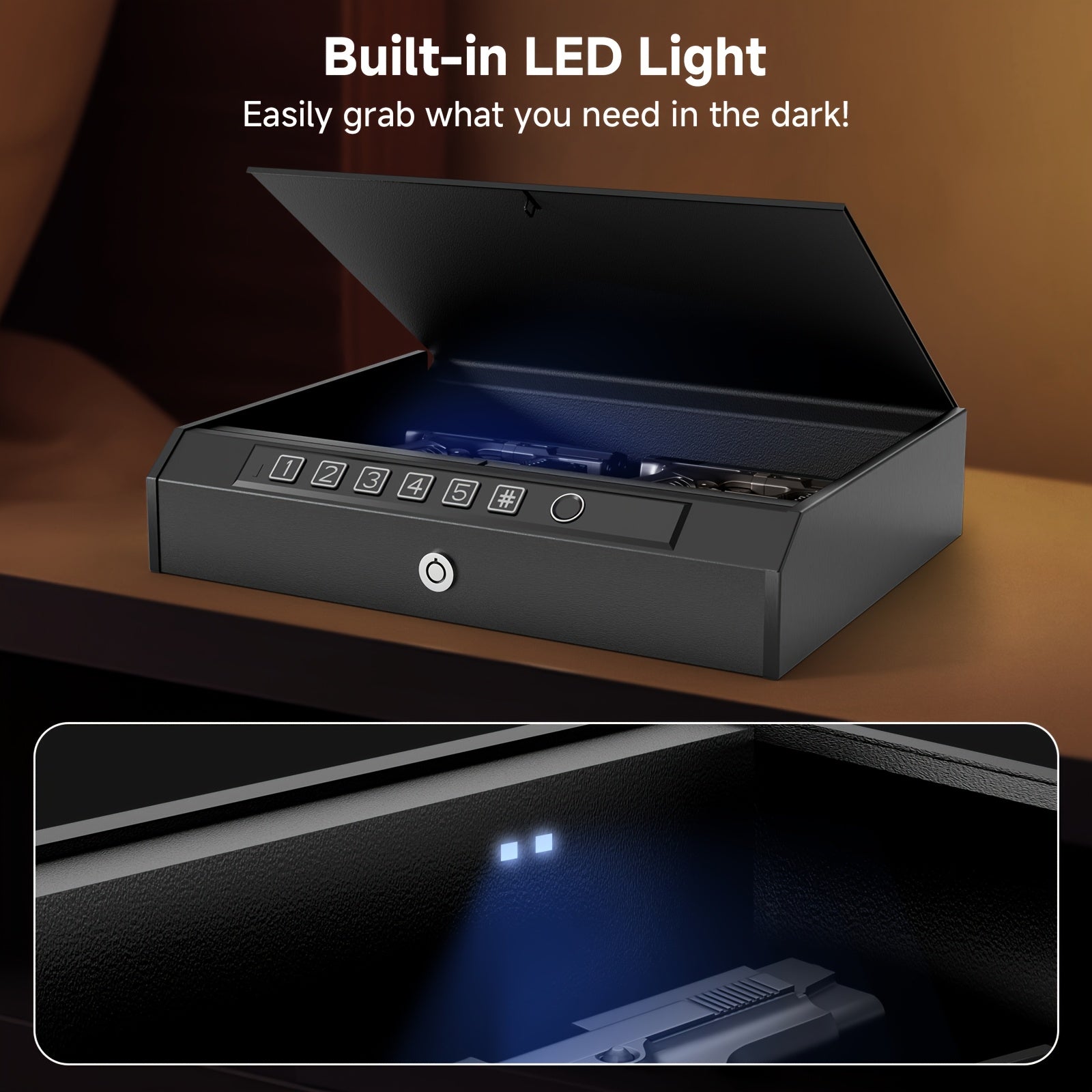 Biometric Gun Safe 3-Way Unlock – Fingerprint Digital PIN & Key Pistol Lock Box with Internal Light Silent Mode Emergency Power for Home Bedroom Nightstand Car