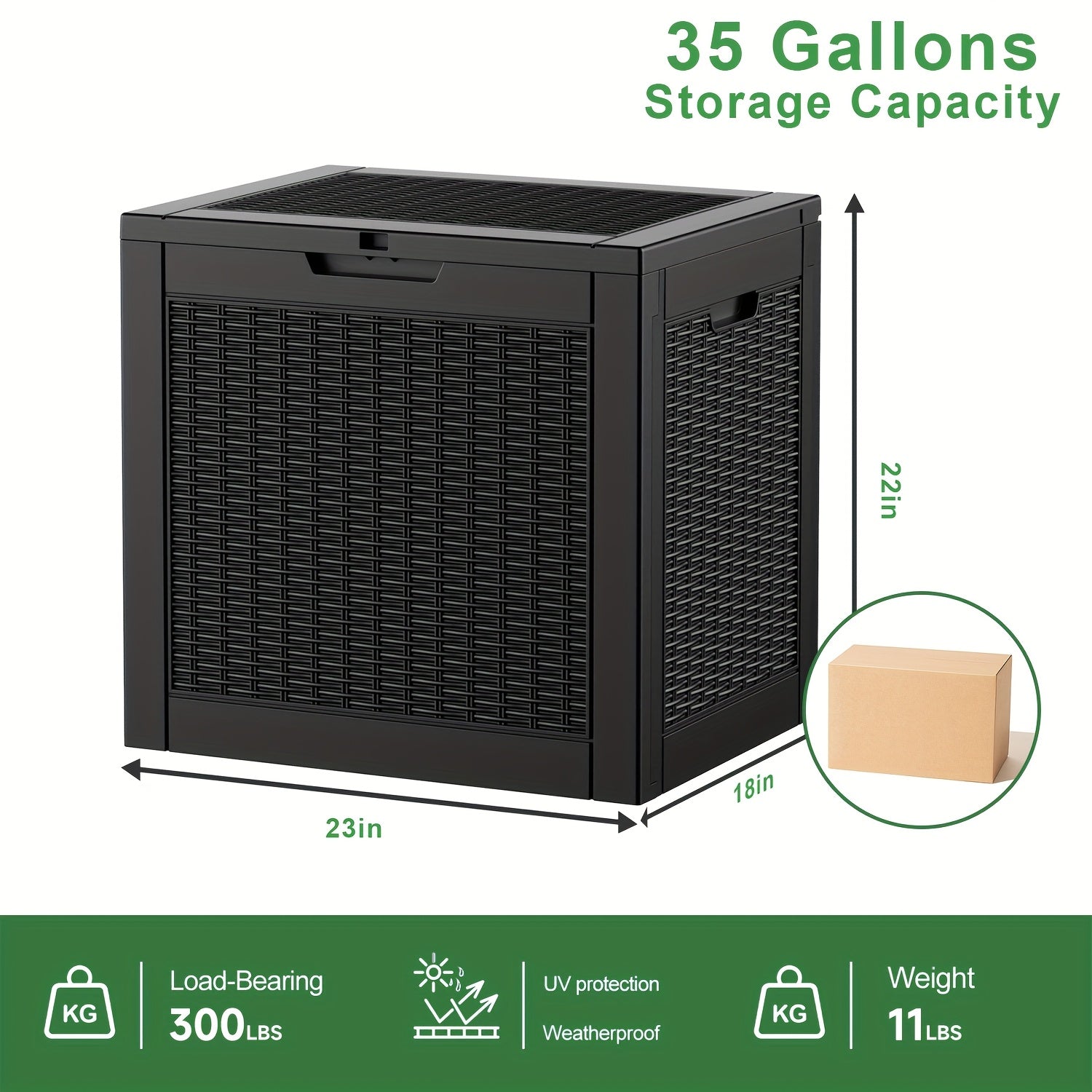 35 Gallon Outdoor Storage Deck Box – UV & Waterproof Lockable Resin Organizer for Patio Furniture, Garden Tools & Toys | Wood Grain & Rattan Style, Indoor Outdoor Use