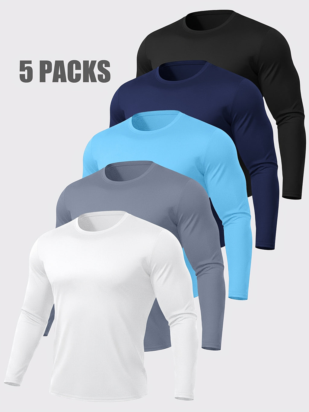 Quick-Dry Long Sleeve Sports T-Shirts for Men 5-Pack – Breathable Moisture-Wicking Athletic Workout Shirts Running Gym Training S-XXL