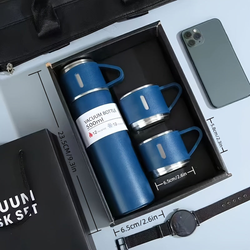 Stainless Steel Water Bottle & Cups Gift Set 4pcs - 1L Bottle + 3 Small Cups, Triple Lids for Hot & Cold Drinks, 304 Food-Grade Steel for Camping, Office & Travel (5 Colors)