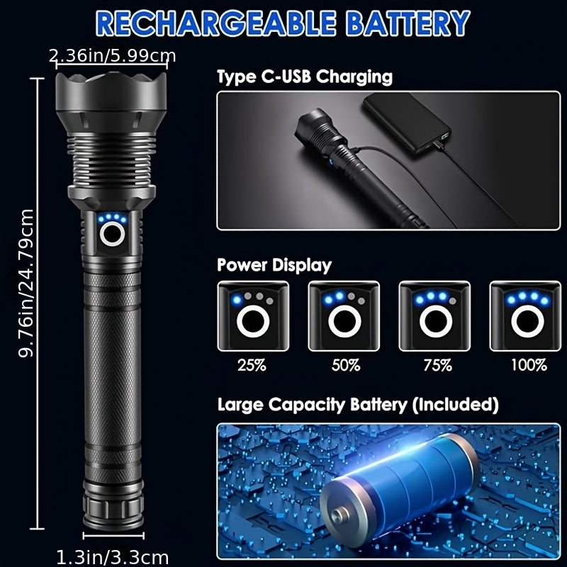 4000 Lumen Rechargeable LED Tactical Flashlight High Lumens Aluminum Alloy, 4 Modes, 500M Range, USB-C Charging for Camping, Fishing, Hiking & Emergency