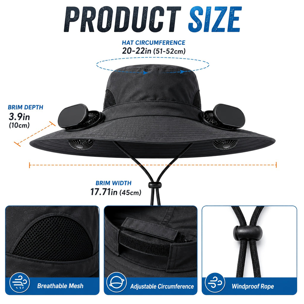 Solar Powered Cooling Fan Hat Wide Brim Dual Fans Adjustable Breathable Sun Hat for Men Women Outdoor Travel Garden Work Black Grey Khaki Camouflage