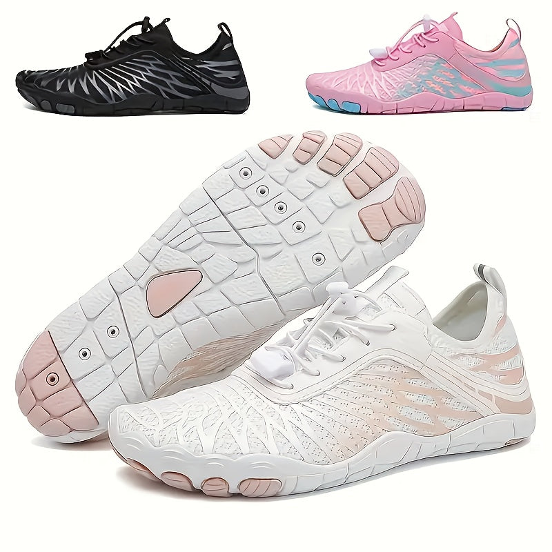 Women's Barefoot Hiking Shoes Lightweight Breathable Water Shoes with Rubber Sole & Buckle Closure – Non-Slip Beach Sandals for Outdoor Trail Walking – Pink White Black US 6-11