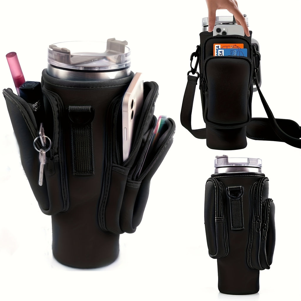 Water Bottle Carrier Bag with Silicone Sleeve 3 Pockets Large Capacity Fits 40oz 30oz Stanley Tumbler Outdoor Pouch for Camping Hiking Travel Men Women